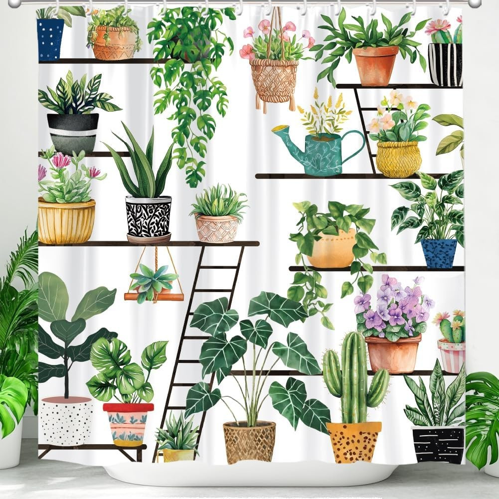 보헤미안 스타일의 폴리에스터 샤워 커튼 1개, 녹색 화 - Plant Pot 리뷰 및 가격